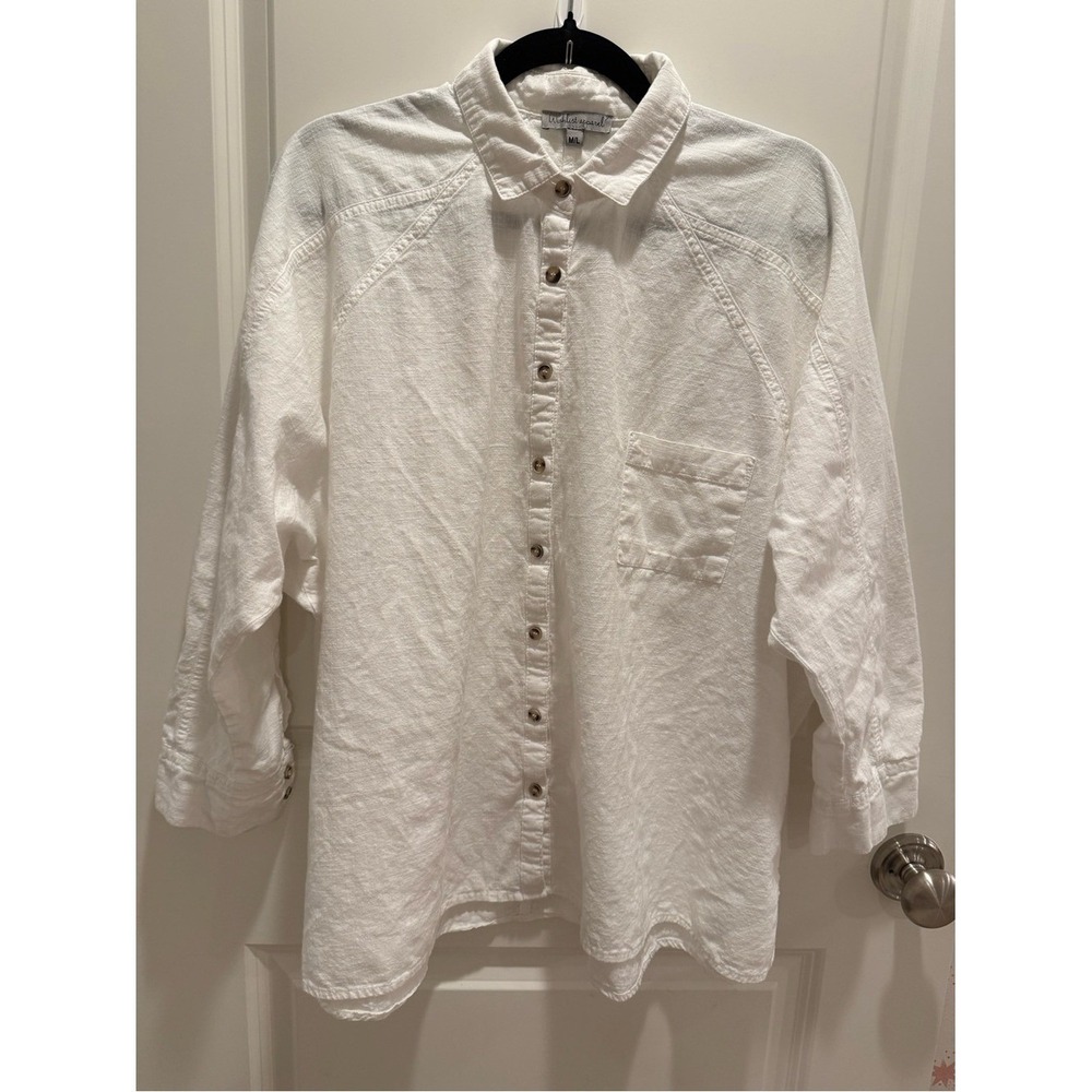 Oversized Coastal Raglan White Cotton Linen Button Up Shirt Pocket M/L